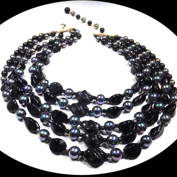 Vintage Japan Black Beaded Necklace, Iridescent Accent Beads, 1950s, 16 Inches - Picture 7 of 8